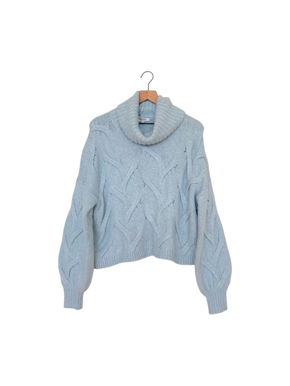 Madewell  Light Blue Chunky Cable Knit Turtleneck Bubble Sleeves Crop Sweater M